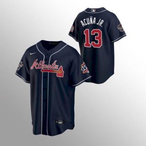 Amazing Atlanta Braves #13 Ronald Acuna Jr. Nike 150th Anniversary 2021 World Series Youth MLB Jersey   Navy Be among the first buyers Order now to enjoy top notch quality