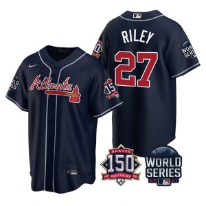 Amazing Atlanta Braves #27 Austin Riley Nike 150th Anniversary 2021 World Series Youth MLB Jersey   Navy Collectors this is a must have Add it to your collection by ordering