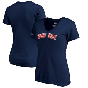 Amazing Boston Red Sox Majestic Women's 2019 Gold Program Wordmark V Neck T Shirt Navy