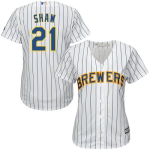 Amazing Brewers #21 Travis Shaw White Strip Home Women's Stitched MLB Jersey Limited stock Order now to show your love for your team
