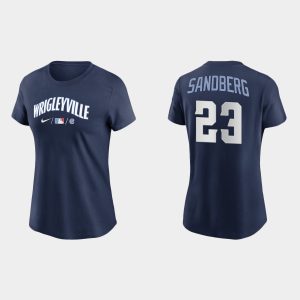 Amazing Chicago Cubs #23 Ryne Sandberg Women's Nike 2021 City Connect Wordmark T Shirt   Navy Limited stock Order now to show your love for your team