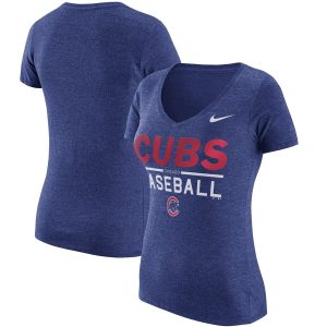 Amazing Chicago Cubs Nike Women's Practice 1.7 Tri Blend V Neck T Shirt Heathered Royal