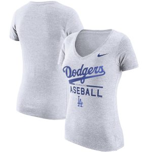 Amazing Los Angeles Dodgers Nike Women's Practice 1.7 Tri Blend V Neck T Shirt Heathered White