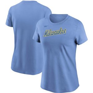 Amazing Milwaukee Brewers Nike Women's Cooperstown Collection Wordmark T Shirt Powder Blue Limited stock Order now to show your love for your team