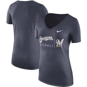 Amazing Milwaukee Brewers Nike Women's Practice Tri Blend V Neck T Shirt Navy