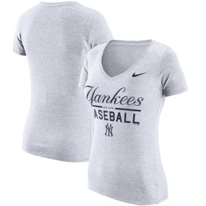 Amazing New York Yankees Nike Women's Practice 1.7 Tri Blend V Neck T Shirt Heathered White