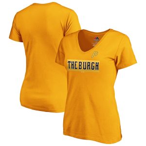 Amazing Pittsburgh Pirates Majestic Women's 2019 MLB Little League Classic V Neck T Shirt Gold
