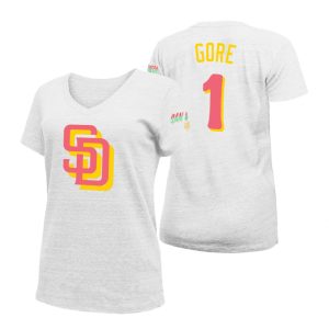 Amazing San Diego Padres #1 MacKenzie Gore 2022 City Connect Women's MLB T Shirt   White Retailers boost your inventory Order now to meet customer demand