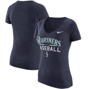 Amazing Seattle Mariners Nike Women's Practice 1.7 Tri Blend V Neck T Shirt Heathered Navy