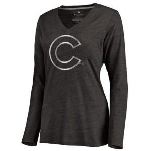 Amazing Women's Chicago Cubs Platinum Collection Long Sleeve V Neck Tri Blend T Shirt Black