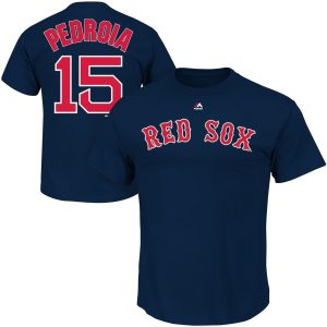 Delightful Boston Red Sox #15 Dustin Pedroia Majestic Official Name and Number T Shirt Navy