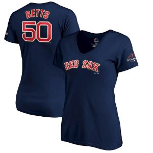 Delightful Boston Red Sox #50 Mookie Betts Majestic Women's 2019 Gold Program Name & Number V Neck T Shirt Navy