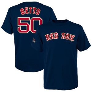 Delightful Boston Red Sox #50 Mookie Betts Majestic Youth 2019 Gold Program Name & Number T Shirt Navy