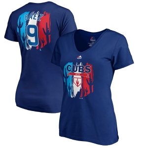 Delightful Chicago Cubs #9 Javier Baez Majestic Women's 2019 Spring Training Name & Number V Neck T Shirt Royal