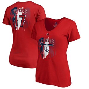 Delightful Los Angeles Angels #17 Shohei Ohtani Majestic Women's 2019 Spring Training Name & Number V Neck T Shirt Red