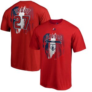 Delightful Los Angeles Angels #27 Mike Trout Majestic 2019 Spring Training Name & Number T Shirt Red