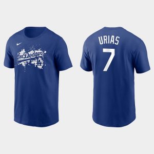 Delightful Los Angeles Dodgers #7 Julio Urias Men's 2021 City Connect Graphic T Shirt Royal For a short time available Grab yours quickly to own a team jersey