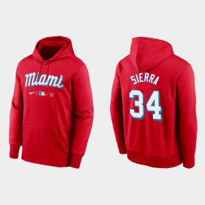 Delightful Miami Marlins #34 Magneuris Sierra Men's Nike 2021 City Connect Therma Hoodie Red