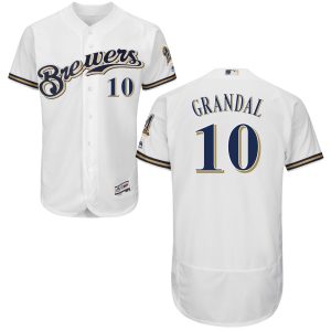 Delightful Milwaukee Brewers #10 Yasmani Grandal White Flex Base Authentic Stitched MLB Jersey