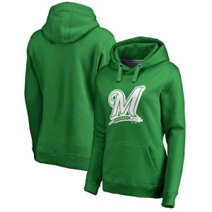 Delightful Milwaukee Brewers Majestic Women's St. Patrick's Day White Logo Pullover Hoodie Kelly Green Collectors this is a must have Add it to your collection by ordering