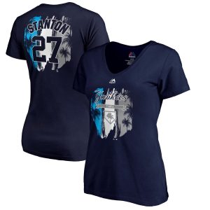 Delightful New York Yankees #27 Giancarlo Stanton Majestic Women's 2019 Spring Training Name & Number V Neck T Shirt Navy