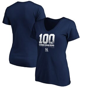 Delightful New York Yankees #99 Aaron Judge Majestic Women's 100th Career Home Run V Neck T Shirt Navy