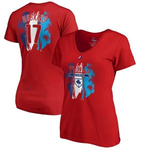 Delightful Philadelphia Phillies #17 Rhys Hoskins Majestic Women's 2019 Spring Training Name & Number V Neck T Shirt Red