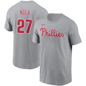 Delightful Philadelphia Phillies #27 Aaron Nola Nike Name & Number T Shirt Gray Hurry Exclusive offer Place your order immediately for a great jersey