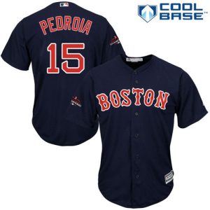 Delightful Red Sox #15 Dustin Pedroia Navy Blue New Cool Base 2018 World Series Champions Stitched MLB Jersey