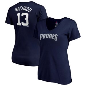 Delightful San Diego Padres #13 Manny Machado Majestic Women's Name & Number V Neck T Shirt Navy