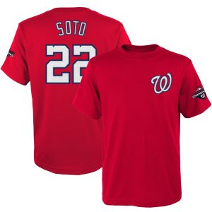 Delightful Washington Nationals #22 Juan Soto Majestic Youth 2019 World Series Champions Name & Number T Shirt Red