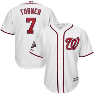 Delightful Washington Nationals #7 Trea Turner Majestic 2019 World Series Champions Home Official Cool Base Bar Patch Player Jersey White