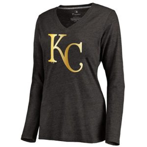 Delightful Women's Kansas City Royals Gold Collection Long Sleeve V Neck Tri Blend T Shirt Black