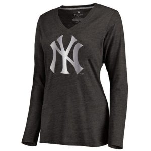 Delightful Women's New York Yankees Platinum Collection Long Sleeve V Neck Tri Blend T Shirt Black