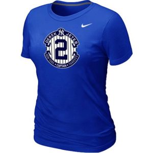 Delightful Women's Nike New York Yankees #2 Derek Jeter Official Final Season Commemorative Logo Blended T Shirt Blue