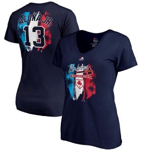 Exceptional Atlanta Braves #13 Ronald Acuna Jr. Majestic Women's 2019 Spring Training Name & Number V Neck T Shirt Navy