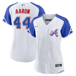 Exceptional Atlanta Braves #44 Hank Aaron 2023 City Connect Women's Nike Atlanta Jersey   White Sports fans this is your chance Order soon to be part of the action