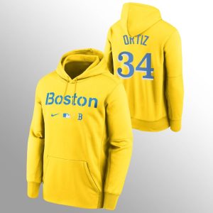 Exceptional Boston Red Sox #34 David Ortiz Men's 2021 City Connect Gold Pullover Baseball Hoodie