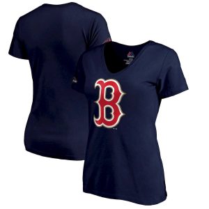 Exceptional Boston Red Sox Majestic Women's 2019 Gold Program Logo V Neck T Shirt Navy