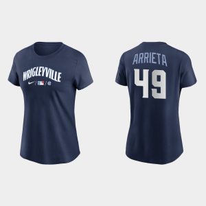 Exceptional Chicago Cubs #49 Jake Arrieta Women's Nike 2021 City Connect Wordmark T Shirt   Navy For a short time available Grab yours quickly to own a team jersey