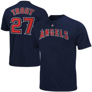 Exceptional Los Angeles Angels #27 Mike Trout Majestic Official Name and Number T Shirt Navy