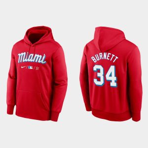Exceptional Miami Marlins #34 A.J. Burnett Men's Nike 2021 City Connect Therma Hoodie Red