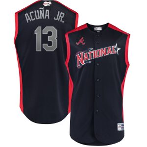 Exceptional National League #13 Ronald Acuna Jr. Majestic 2019 MLB All Star Game Workout Player Jersey Navy