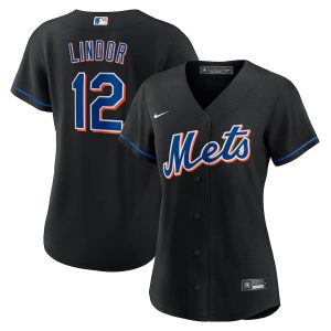 Exceptional New York Mets #12 Francisco Lindor Women's Nike 2022 Authentic Alternate Stitched MLB Jersey   Black For a short time available Grab yours quickly to own a team jersey