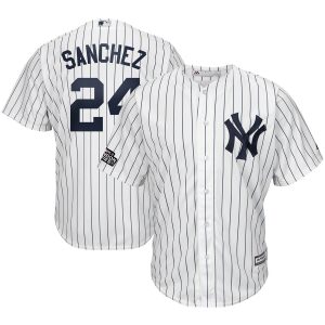 Exceptional New York Yankees #24 Gary Sanchez Majestic 2019 London Series Cool Base Player Jersey White Navy