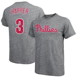 Exceptional Philadelphia Phillies #3 Bryce Harper Majestic Threads Name & Number Tri Blend T Shirt Gray