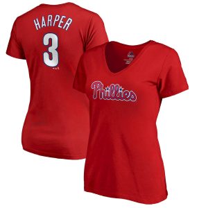 Exceptional Philadelphia Phillies #3 Bryce Harper Majestic Women's Name & Number V Neck T Shirt Red