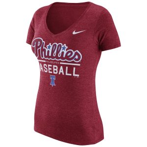 Exceptional Philadelphia Phillies Nike Women's Practice 1.7 Tri Blend V Neck T Shirt Heathered Red