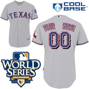 Exceptional Rangers Customized Authentic Grey Cool Base MLB Jersey w/2010 World Series Patch (S 3XL)