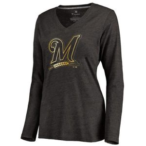 Exceptional Women's Milwaukee Brewers Gold Collection Long Sleeve V Neck Tri Blend T Shirt Black